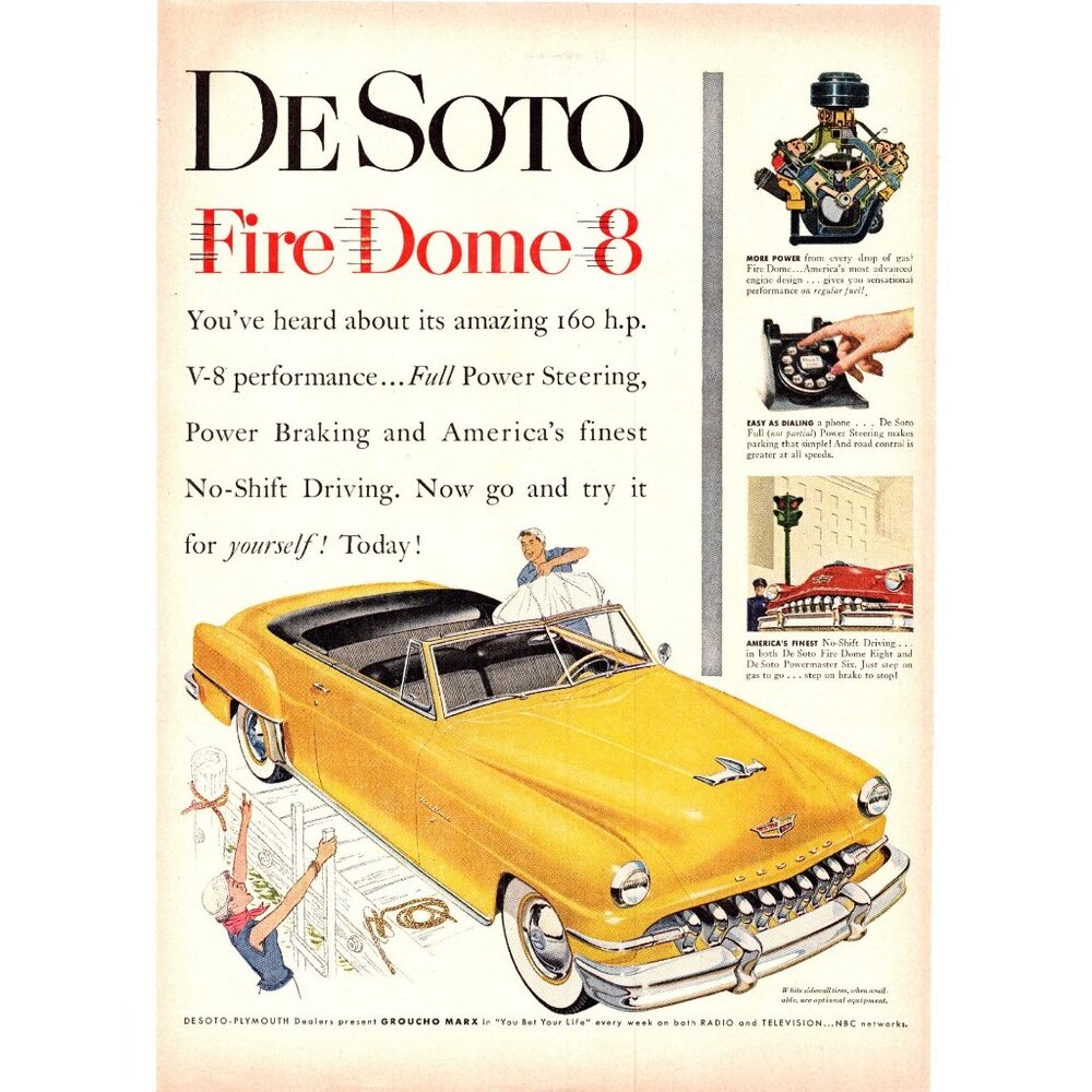 1952 DeSoto Fire Dome 8 Convertible Vintage Print Ad Weekend Trip 50s Wall Art